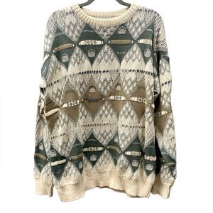 Vintage Men’s Cream & Green Textured Crewneck Sweater, Size L
